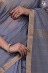 Narmaa - Pastel Blueish Grey With Small Resham Zari Lehar Border Silk Cotton Saree
