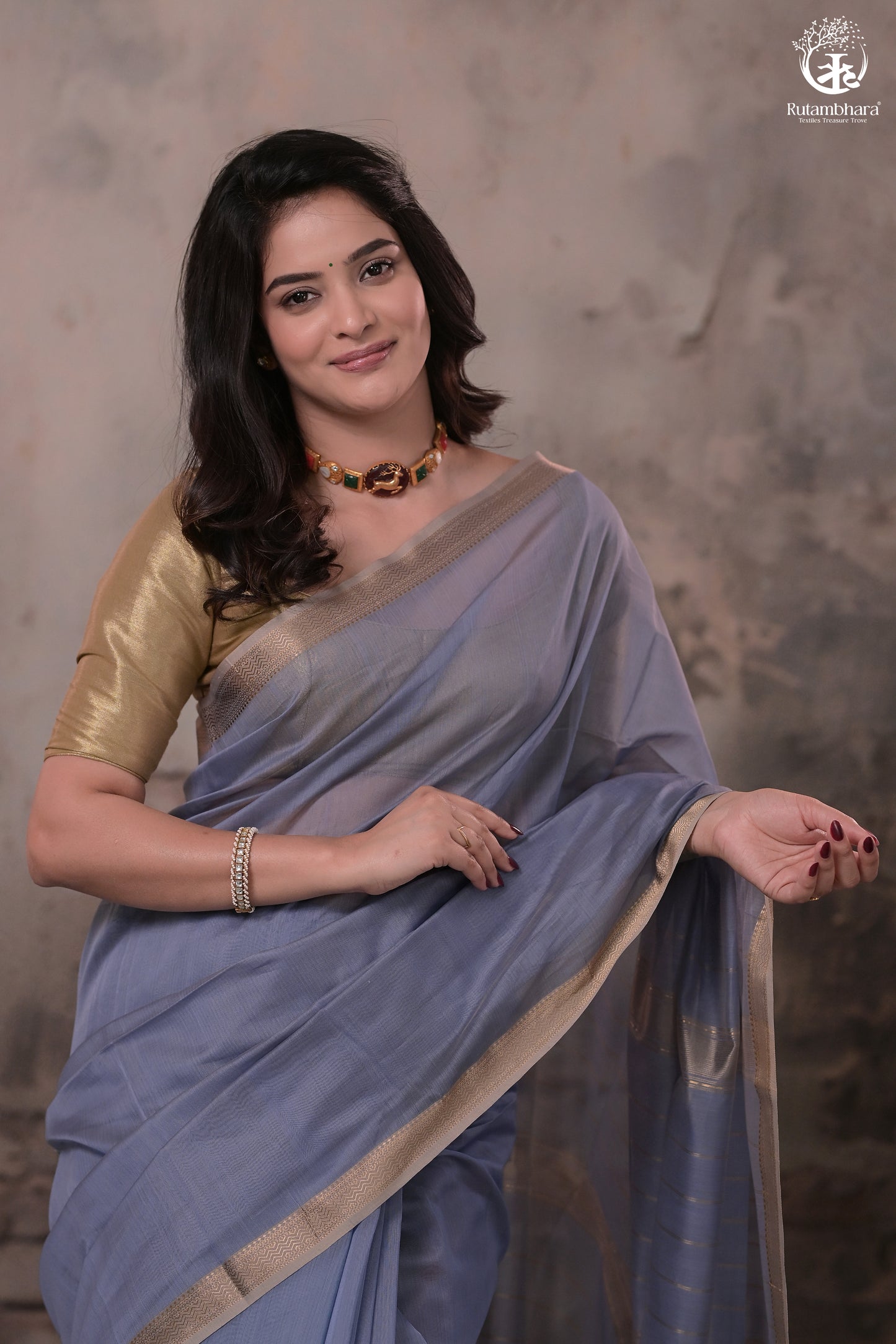Narmaa - Pastel Blueish Grey With Small Resham Zari Lehar Border Silk Cotton Saree