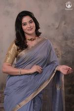 Narmaa - Pastel Blueish Grey With Small Resham Zari Lehar Border Silk Cotton Saree-Rutambhara-RUTAMBHARA