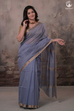 Narmaa - Pastel Blueish Grey With Small Resham Zari Lehar Border Silk Cotton Saree-Rutambhara-RUTAMBHARA