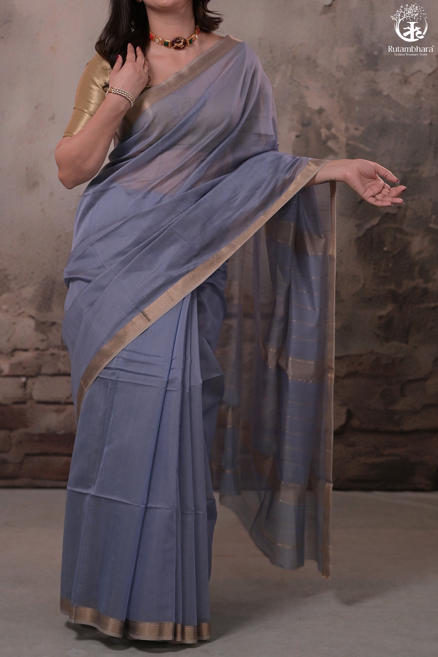 Narmaa - Pastel Blueish Grey With Small Resham Zari Lehar Border Silk Cotton Saree