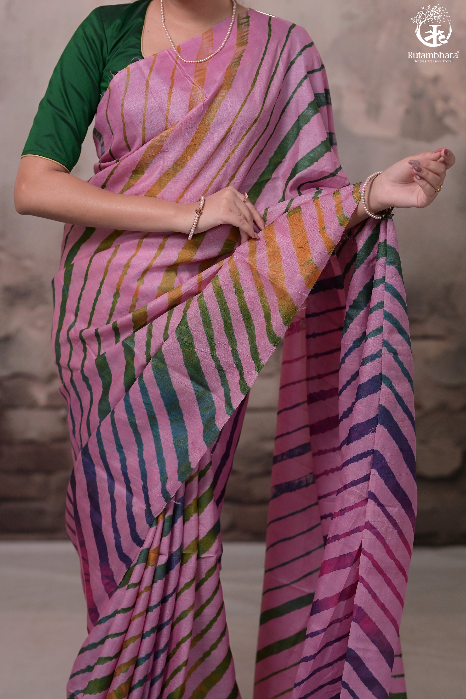 Dhanak - Light Pink Leheriya Saree In Tussar Silk-Rutambhara-RUTAMBHARA