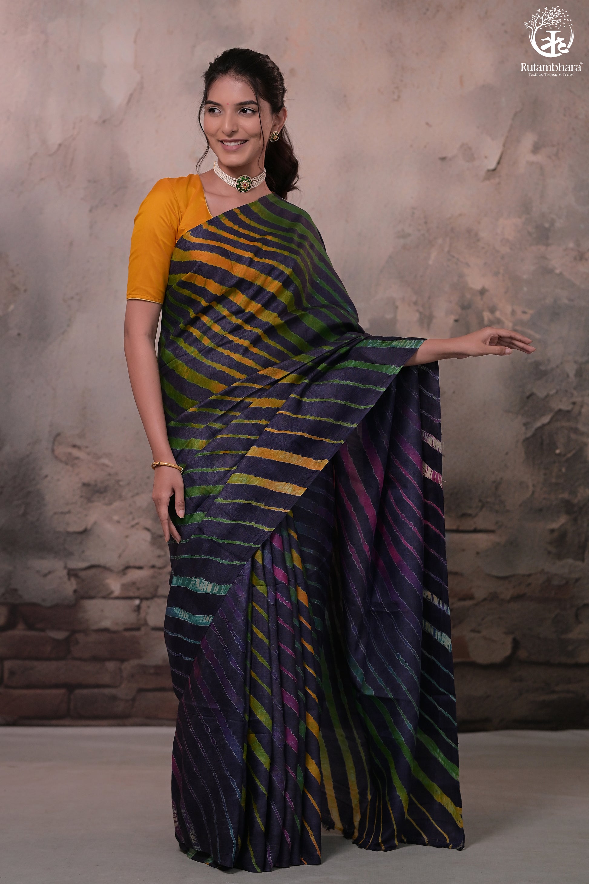 Dhanak - Ink Blue Leheriya Saree In Tussar Silk-Rutambhara-RUTAMBHARA