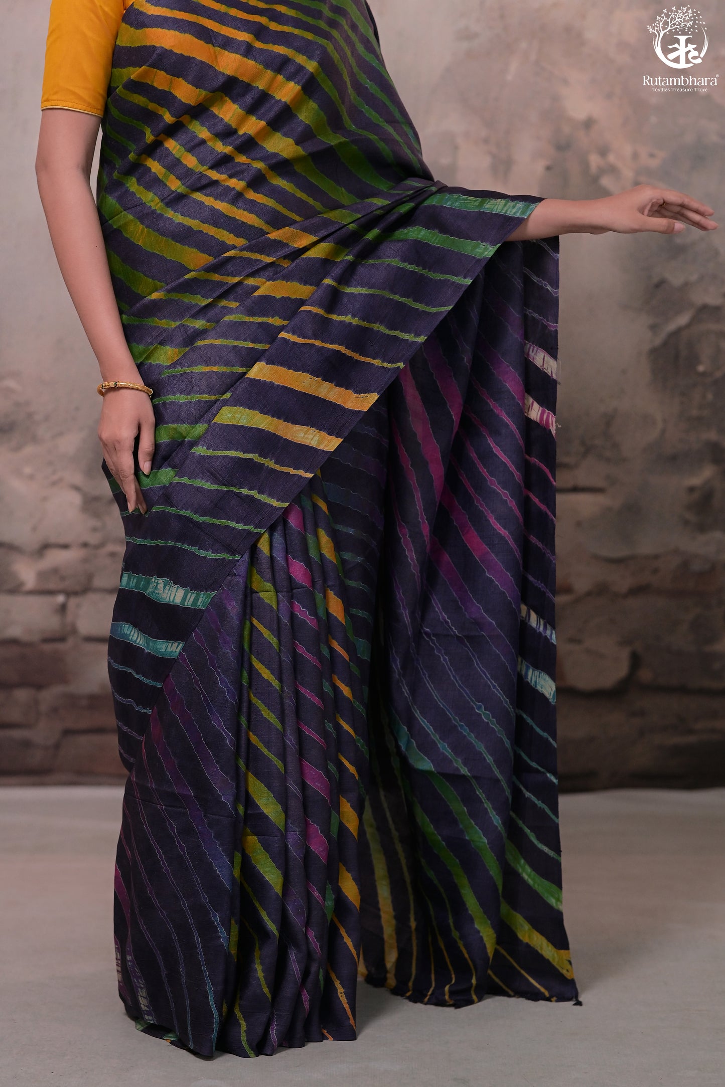 Dhanak - Ink Blue Leheriya Saree In Tussar Silk