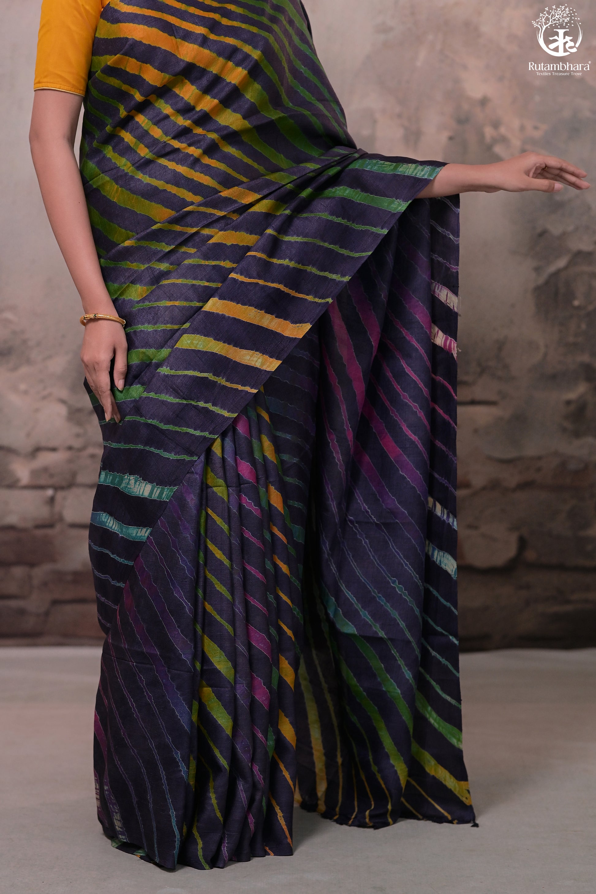 Dhanak - Ink Blue Leheriya Saree In Tussar Silk-Rutambhara-RUTAMBHARA