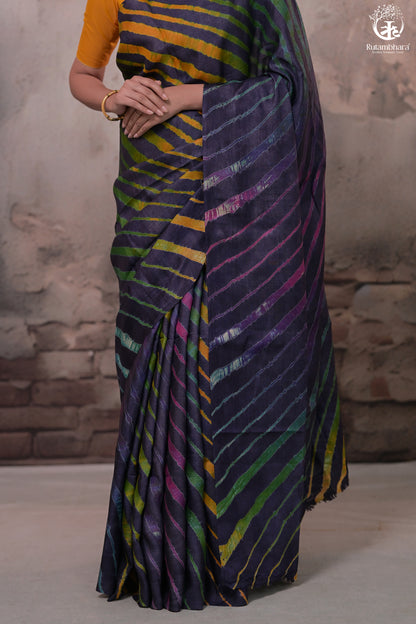 Dhanak - Ink Blue Leheriya Saree In Tussar Silk-Rutambhara-RUTAMBHARA