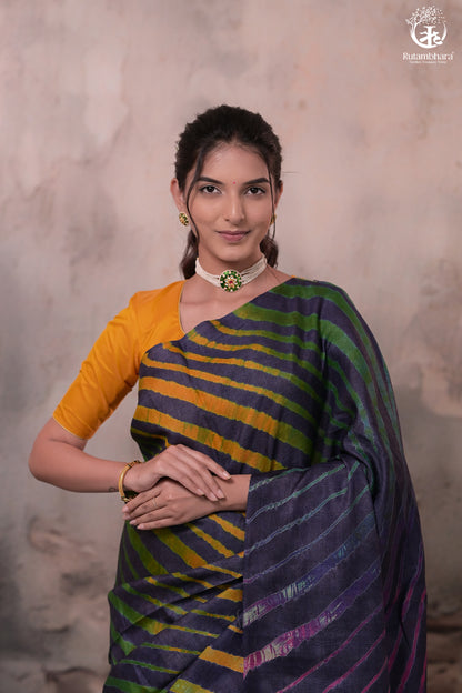 Dhanak - Ink Blue Leheriya Saree In Tussar Silk-Rutambhara-RUTAMBHARA