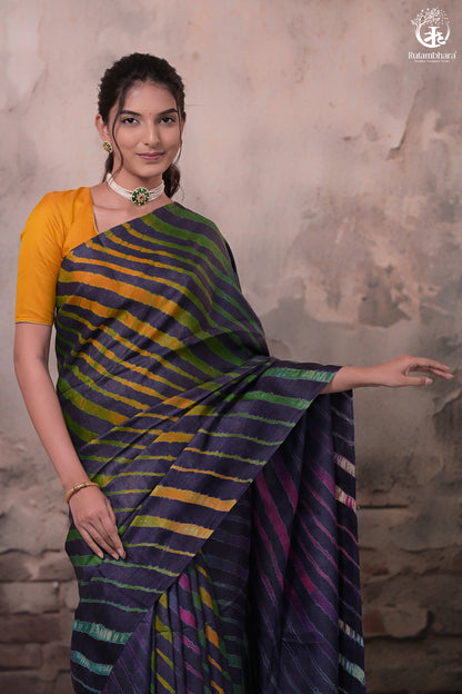 Dhanak - Ink Blue Leheriya Saree In Tussar Silk-Rutambhara-RUTAMBHARA