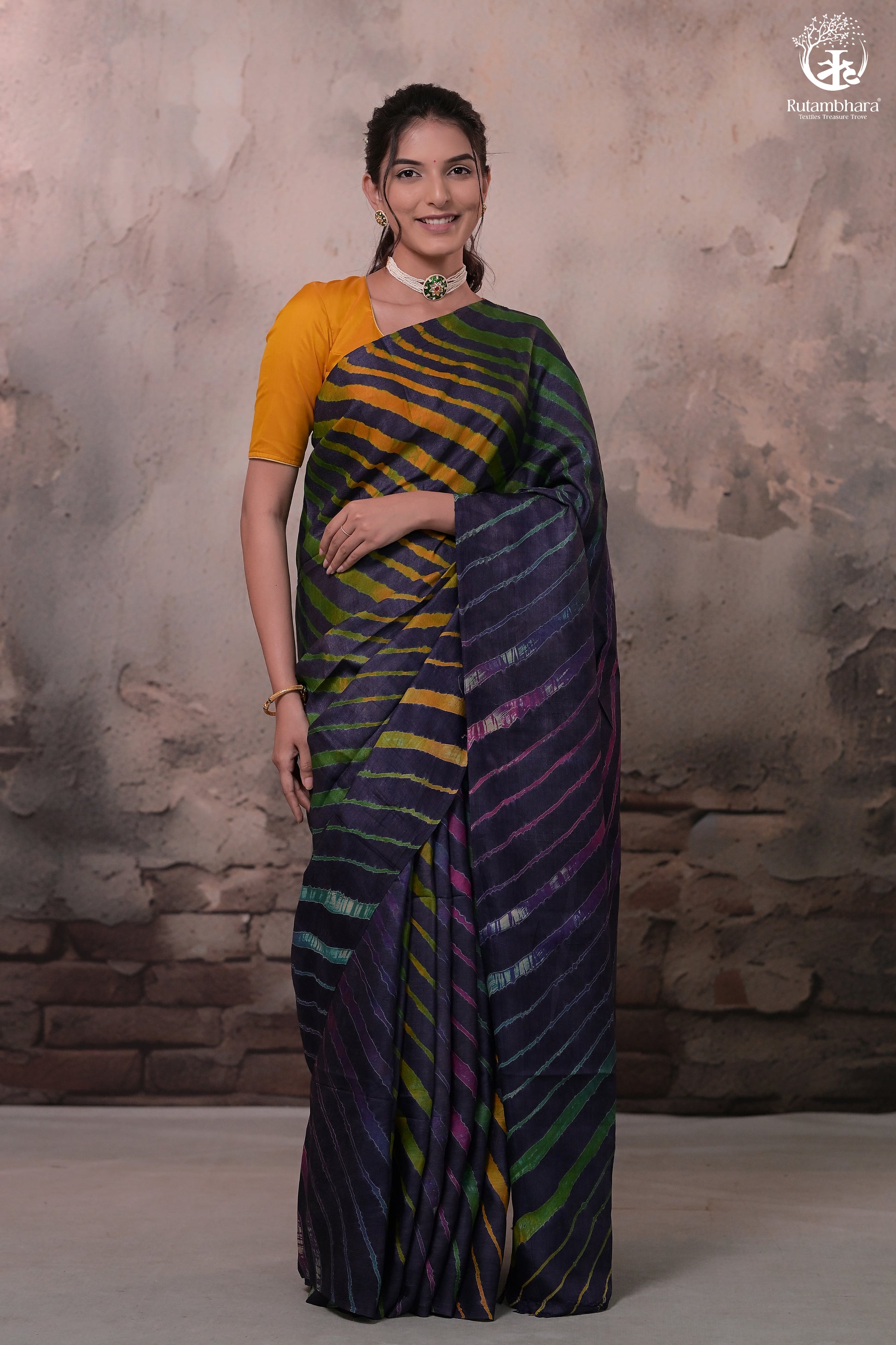 Dhanak - Ink Blue Leheriya Saree In Tussar Silk-Rutambhara-RUTAMBHARA