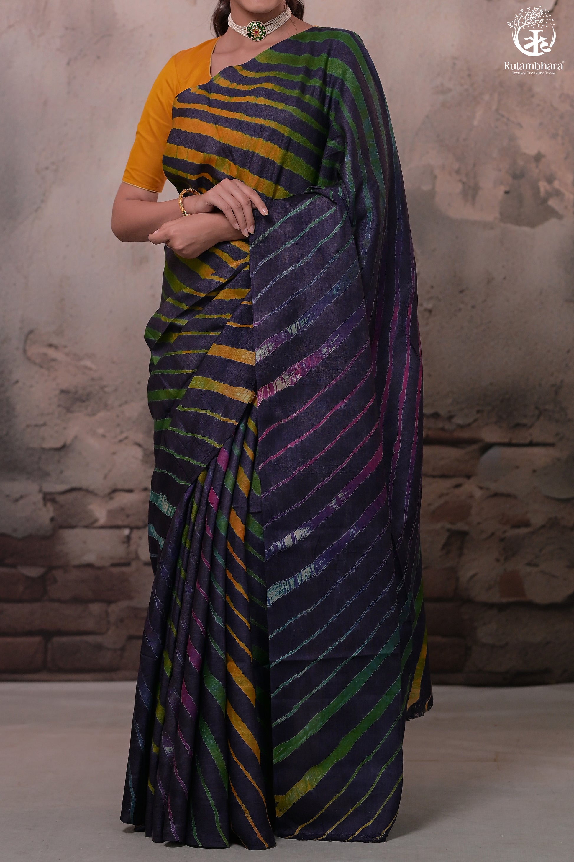 Dhanak - Ink Blue Leheriya Saree In Tussar Silk-Rutambhara-RUTAMBHARA