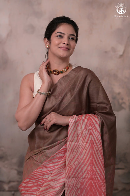 Dhanak - Brown Carrot Red Arashi Shibori Saree In Tussar Silk-Rutambhara-RUTAMBHARA