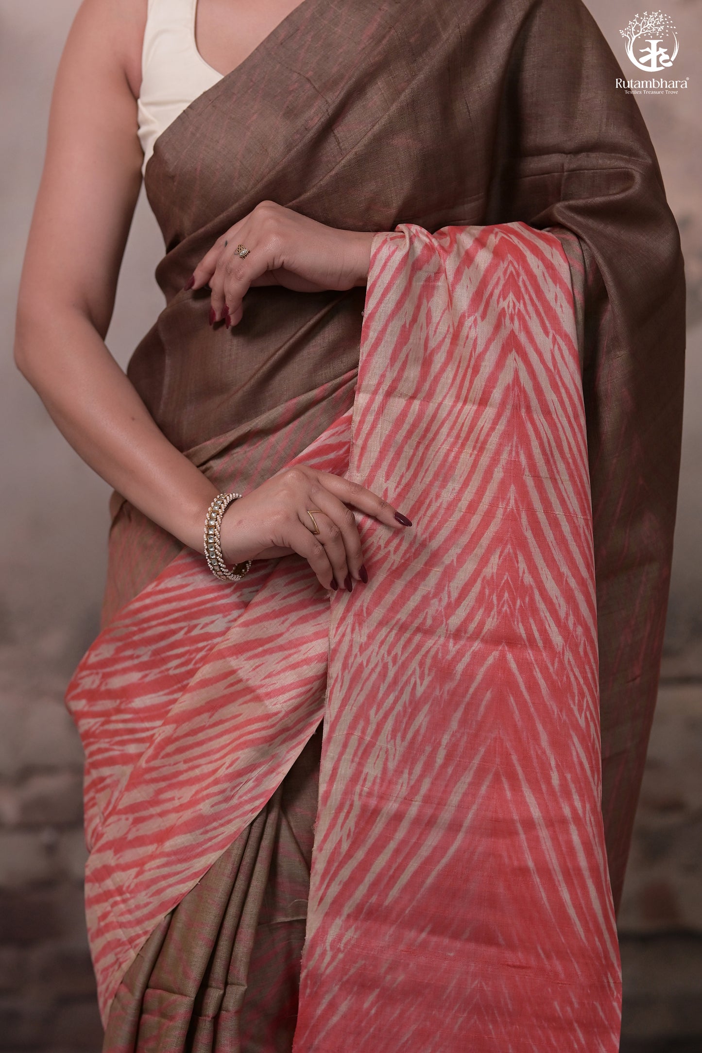 Dhanak - Brown Carrot Red Arashi Shibori Saree In Tussar Silk