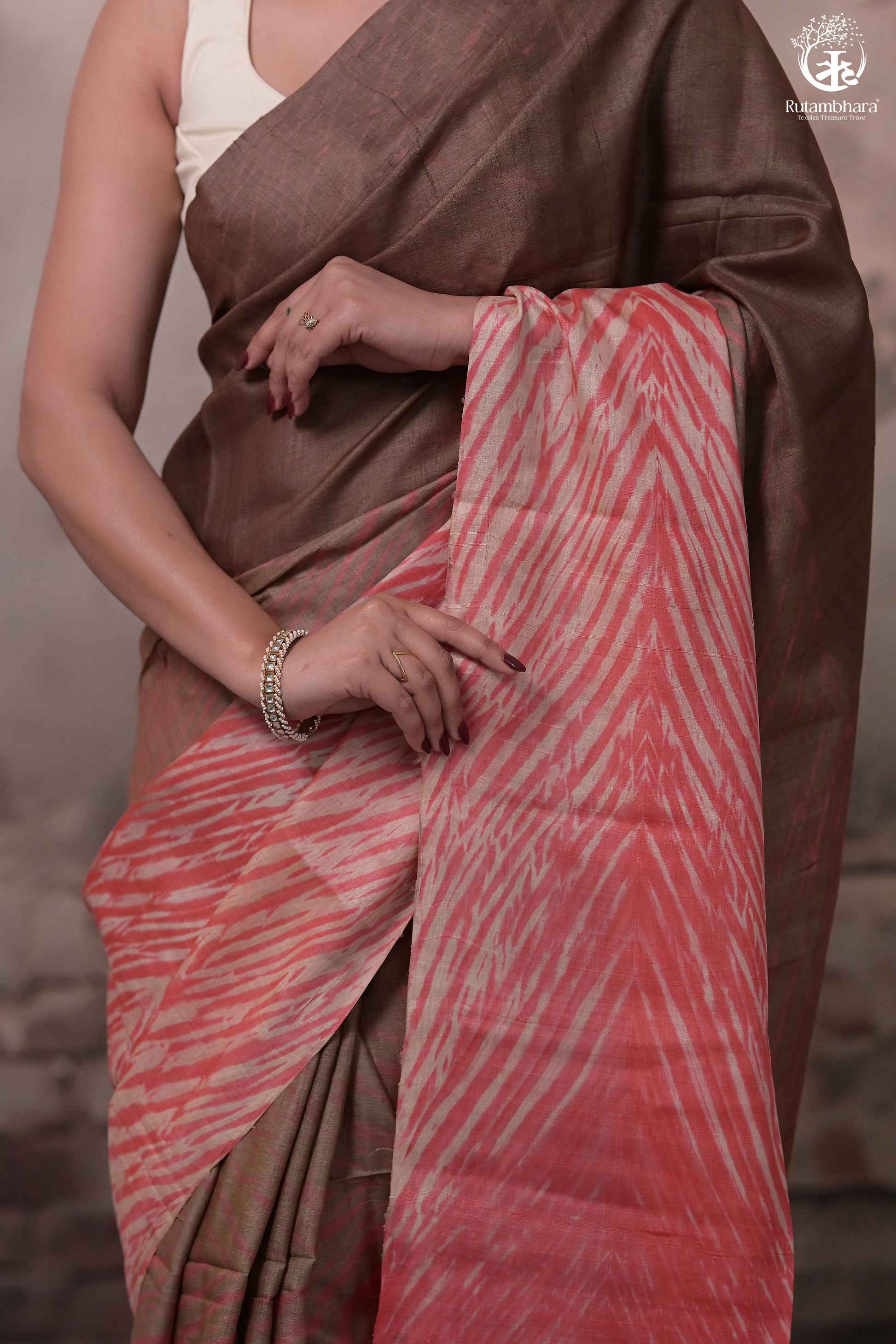 Dhanak - Brown Carrot Red Arashi Shibori Saree In Tussar Silk-Rutambhara-RUTAMBHARA