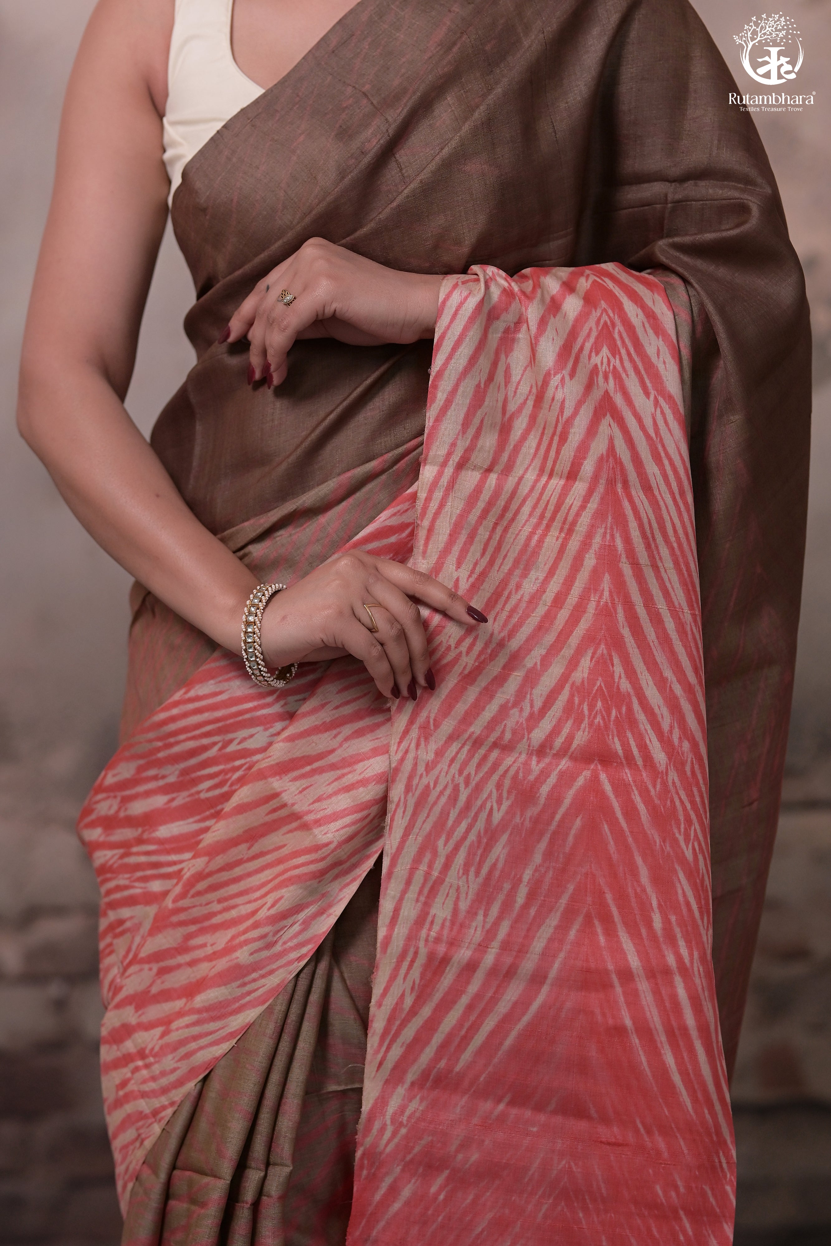 Dhanak - Brown Carrot Red Arashi Shibori Saree In Tussar Silk