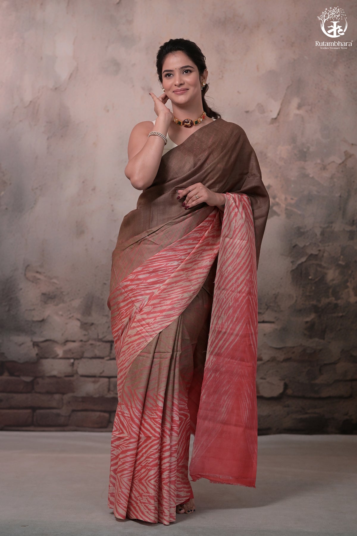 Dhanak - Brown Carrot Red Arashi Shibori Saree In Tussar Silk