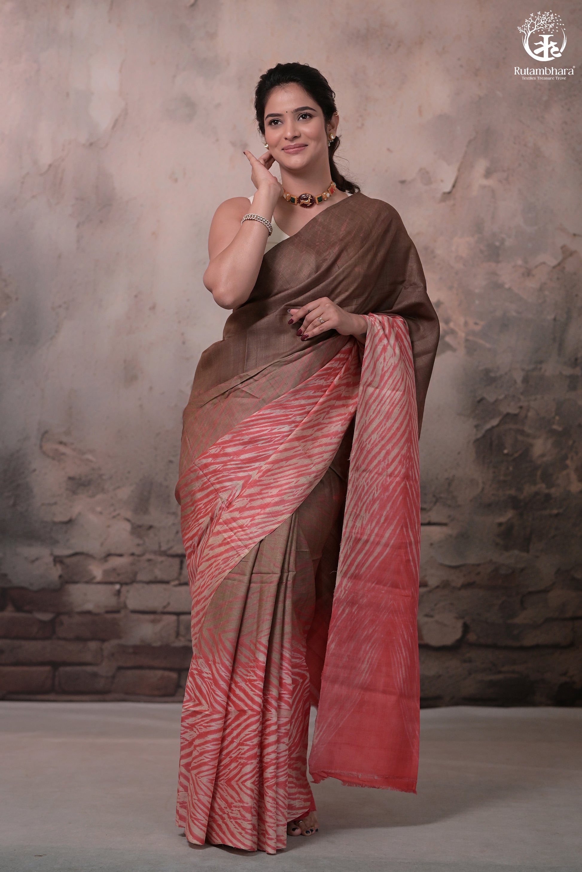 Dhanak - Brown Carrot Red Arashi Shibori Saree In Tussar Silk-Rutambhara-RUTAMBHARA