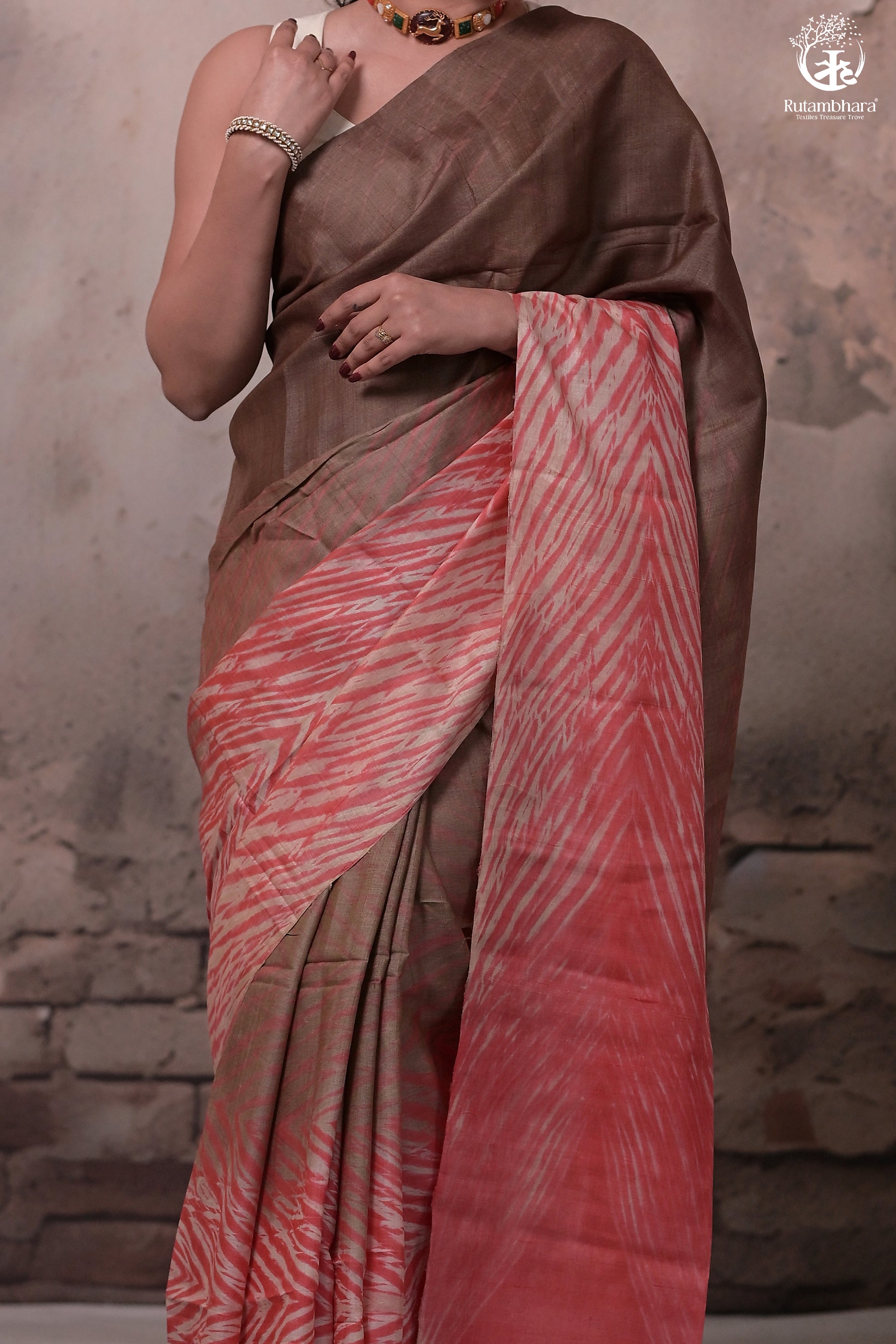 Dhanak - Brown Carrot Red Arashi Shibori Saree In Tussar Silk-Rutambhara-RUTAMBHARA
