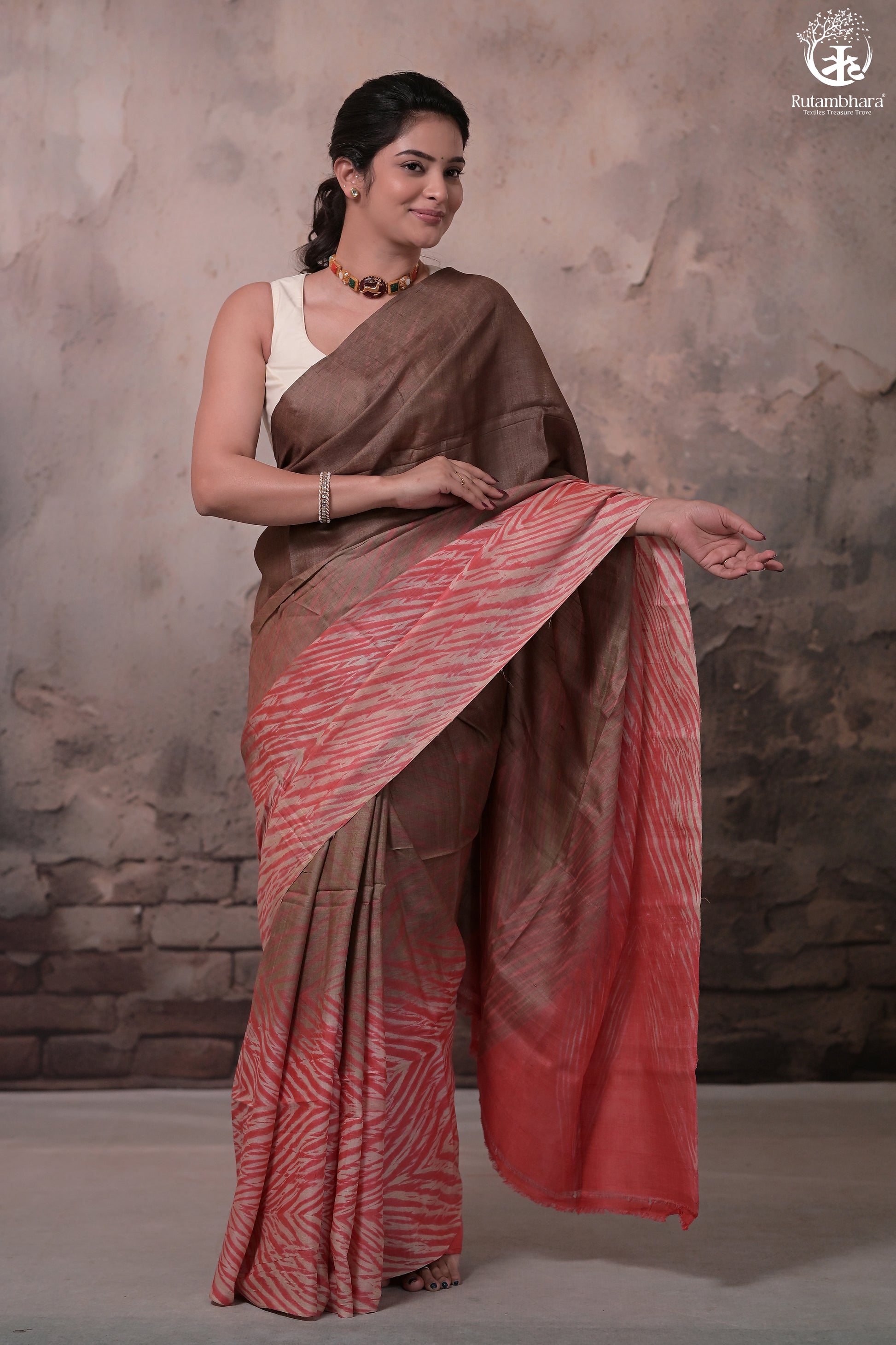 Dhanak - Brown Carrot Red Arashi Shibori Saree In Tussar Silk-Rutambhara-RUTAMBHARA