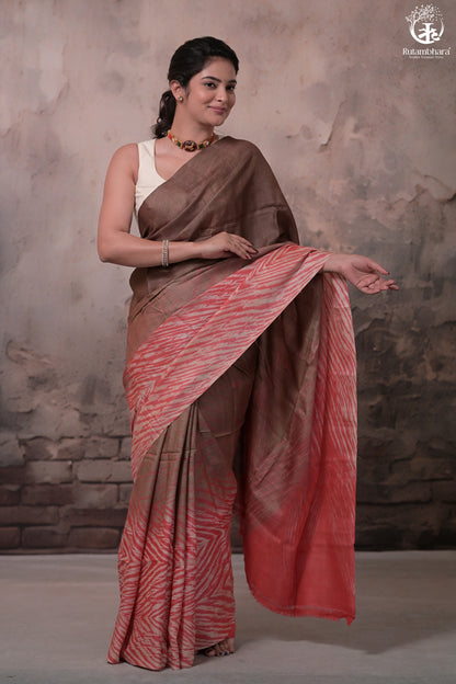 Dhanak - Brown Carrot Red Arashi Shibori Saree In Tussar Silk-Rutambhara-RUTAMBHARA