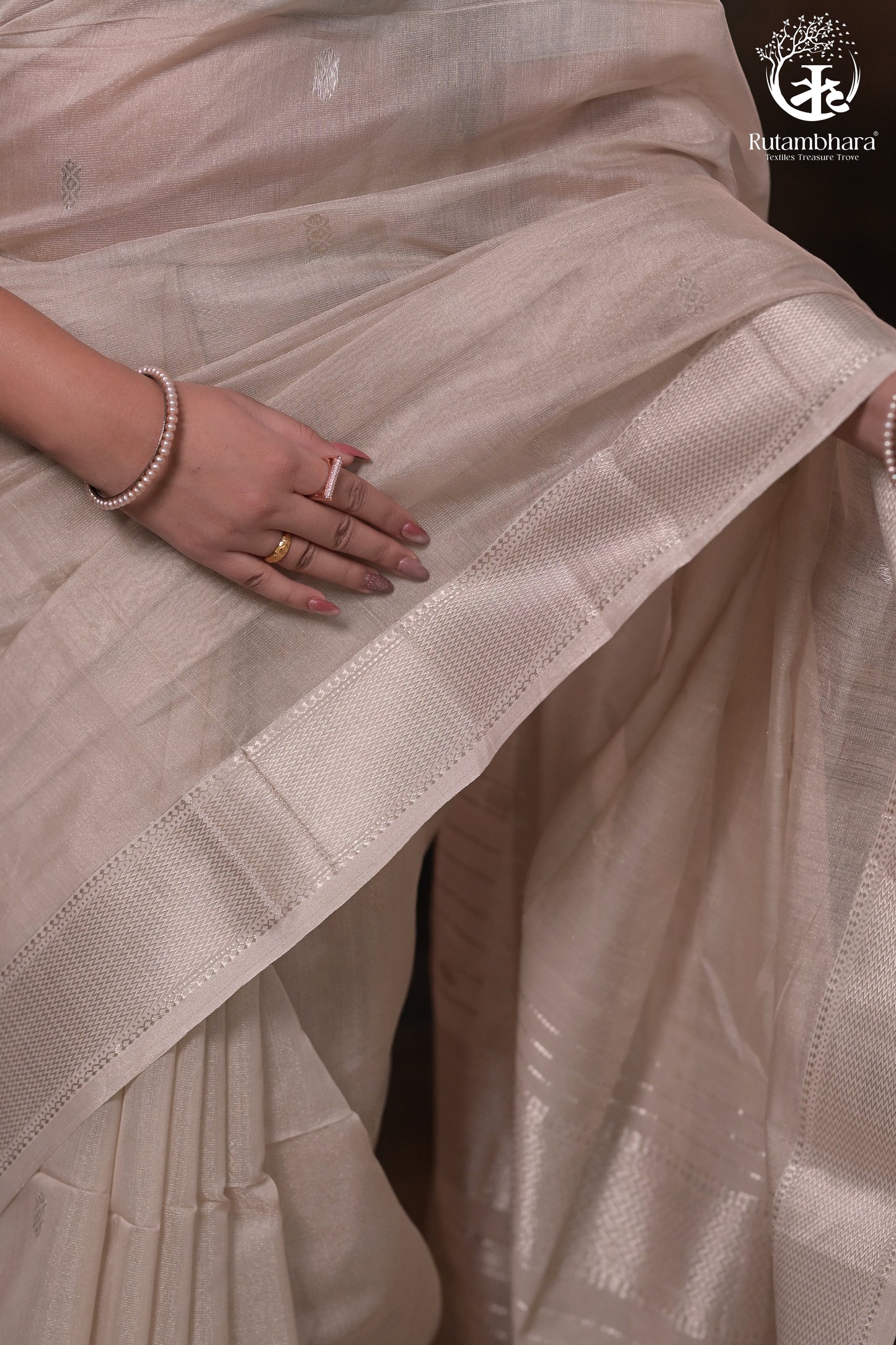 Narmaa - Pastel Beige And Silver Tissue Silk Cotton Saree With Extra Weft Silver Zari Butta