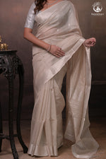 Narmaa - Pastel Beige And Silver Tissue Silk Cotton Saree With Extra Weft Silver Zari Butta-Rutambhara-RUTAMBHARA
