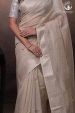 Narmaa - Pastel Beige And Silver Tissue Silk Cotton Saree With Extra Weft Silver Zari Butta-Rutambhara-RUTAMBHARA