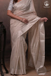 Narmaa - Pastel Beige And Silver Tissue Silk Cotton Saree With Extra Weft Silver Zari Butta