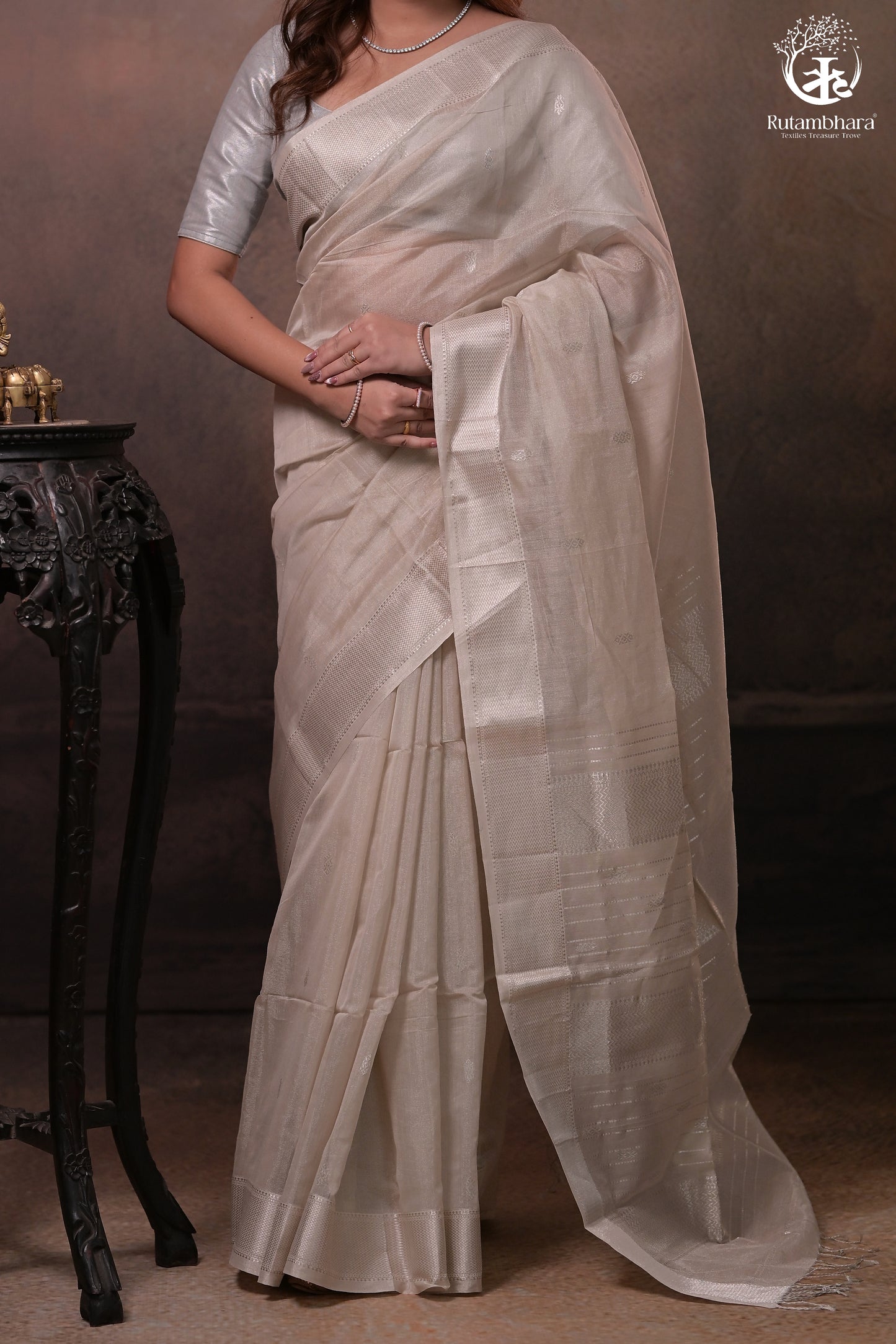 Narmaa - Pastel Beige And Silver Tissue Silk Cotton Saree With Extra Weft Silver Zari Butta