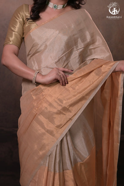 Swarvi - Handwoven Chanderi Zari Tissue Half-and-Half Saree in Gold & Silver-RUTAMBHARA -RUTAMBHARA