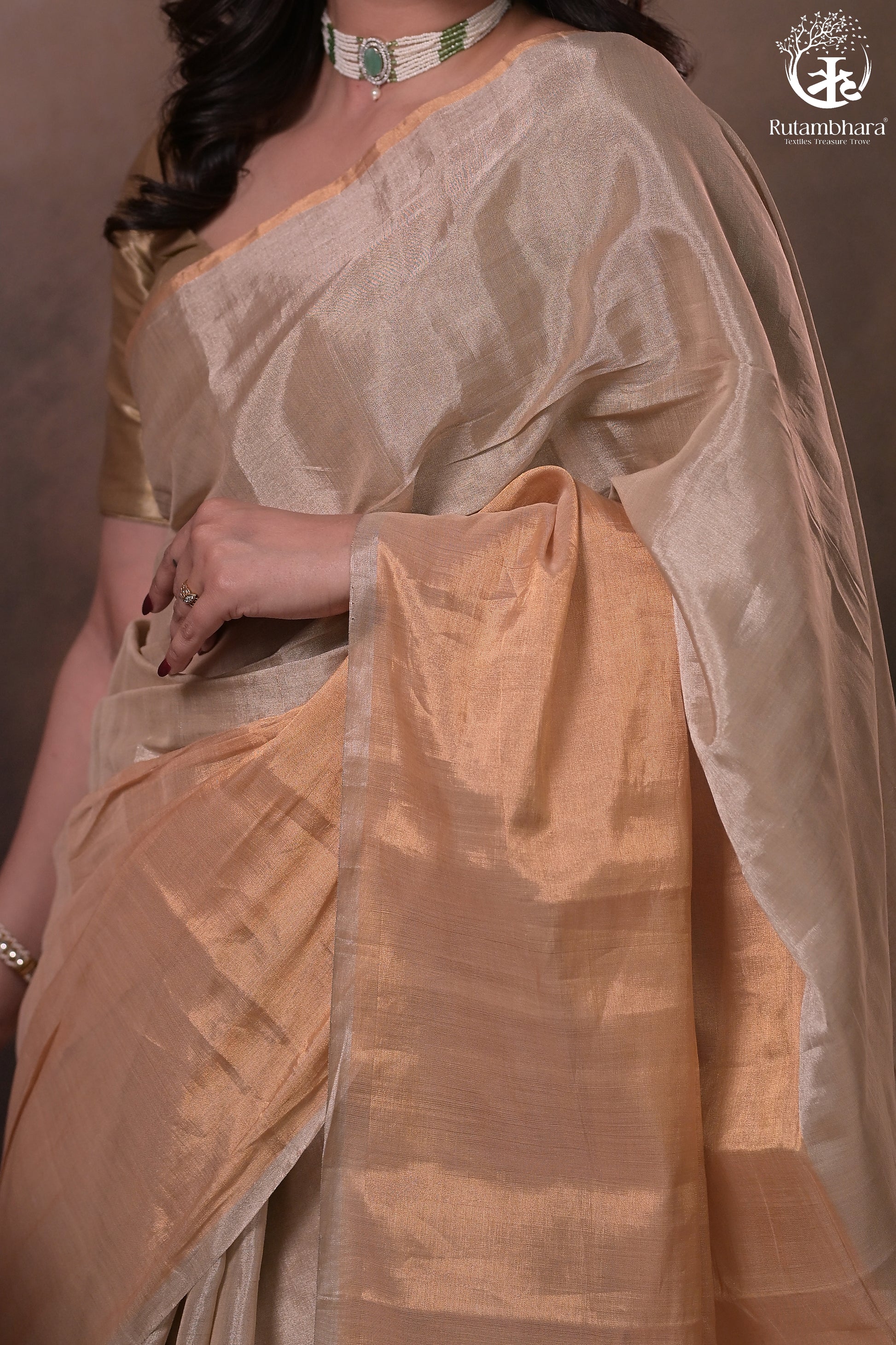 Swarvi - Handwoven Chanderi Zari Tissue Half-and-Half Saree in Gold & Silver-RUTAMBHARA -RUTAMBHARA