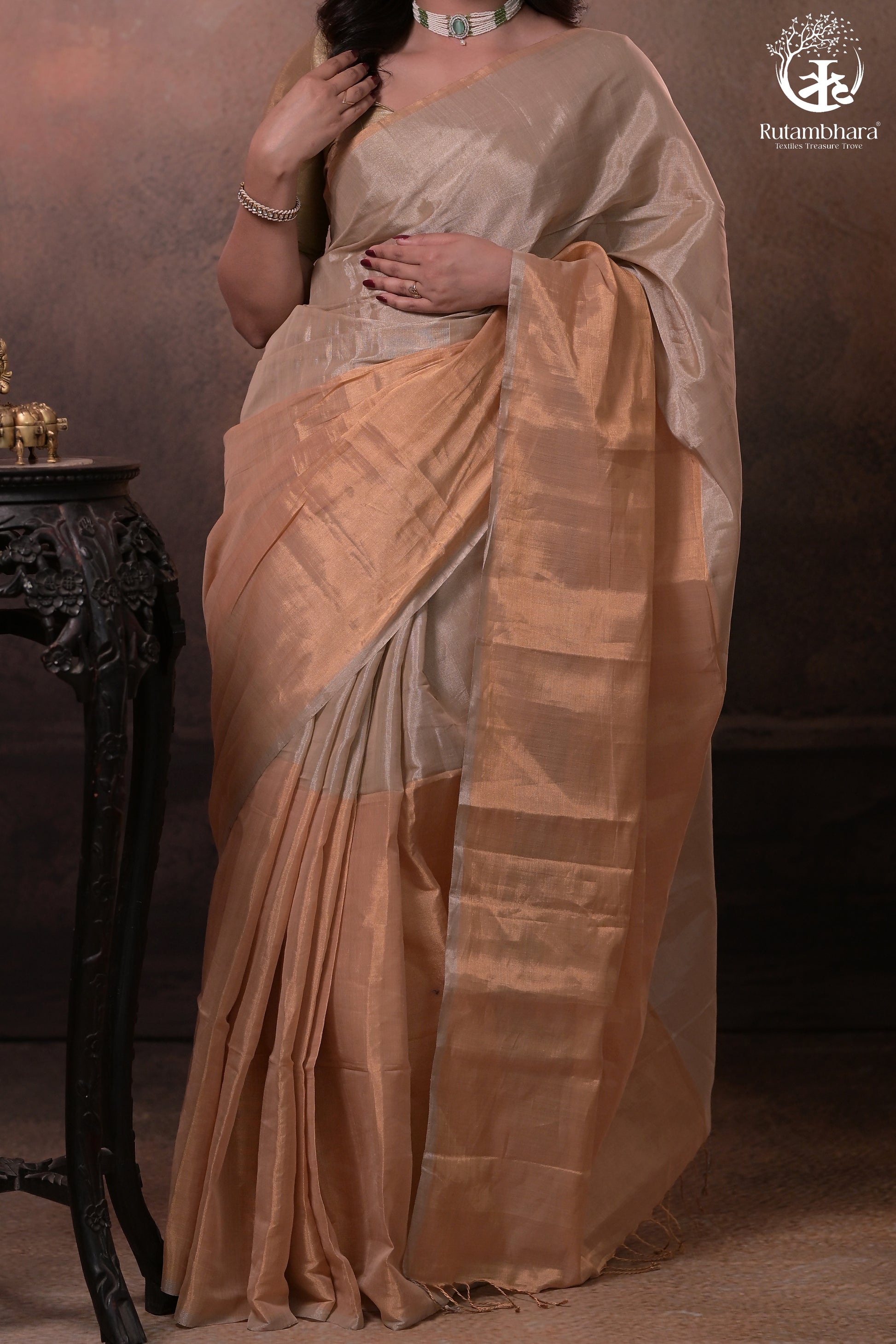 Swarvi - Handwoven Chanderi Zari Tissue Half-and-Half Saree in Gold & Silver-RUTAMBHARA -RUTAMBHARA