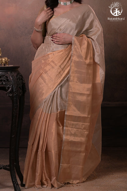 Swarvi - Handwoven Chanderi Zari Tissue Half-and-Half Saree in Gold & Silver-RUTAMBHARA -RUTAMBHARA