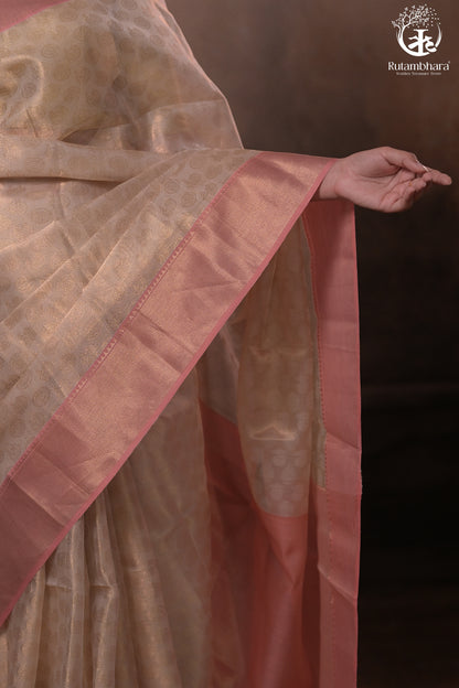 Swarvi - Handwoven Chanderi Jamawar Saree in Beige with Buta-RUTAMBHARA-RUTAMBHARA
