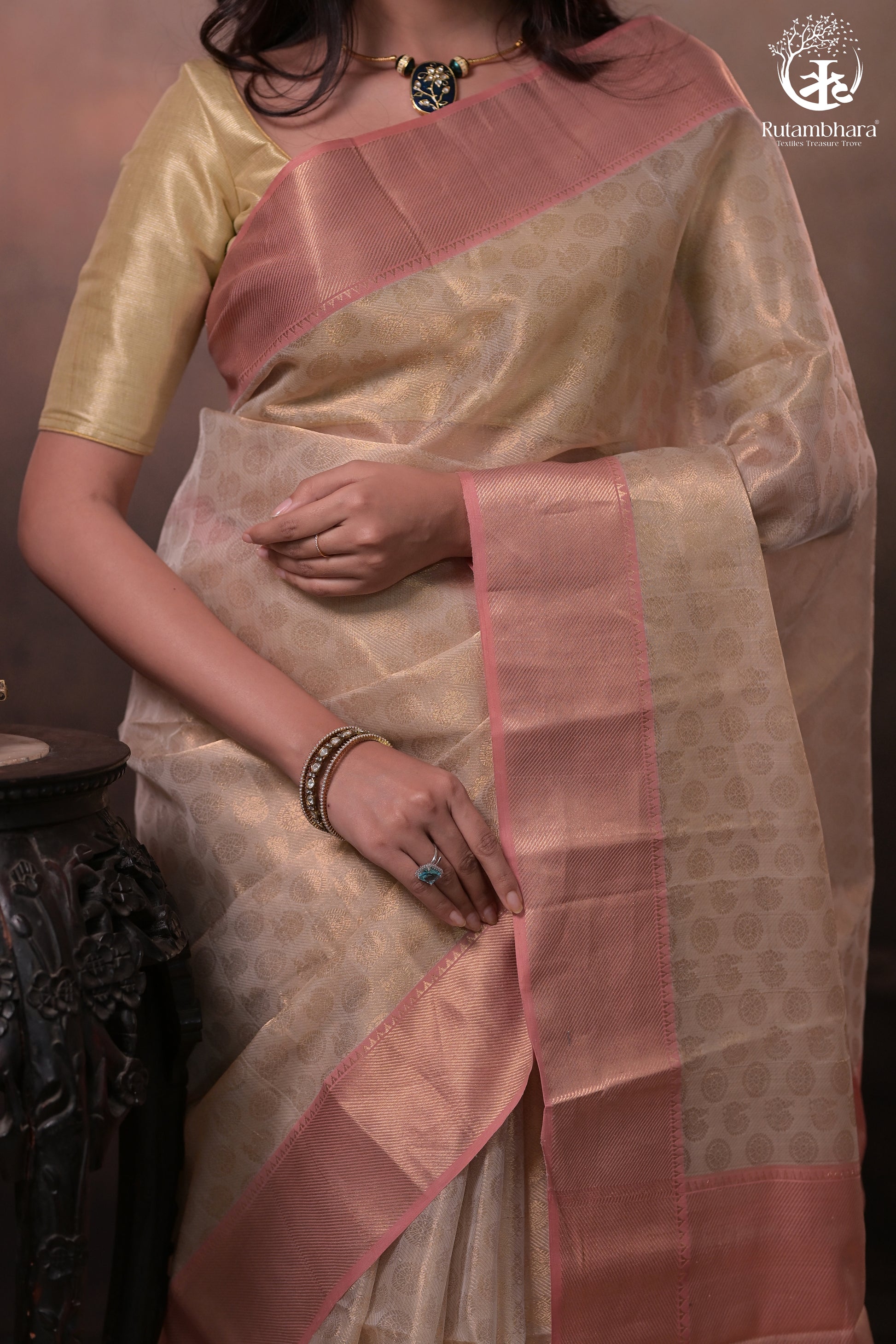 Swarvi - Handwoven Chanderi Jamawar Saree in Beige with Buta-RUTAMBHARA-RUTAMBHARA