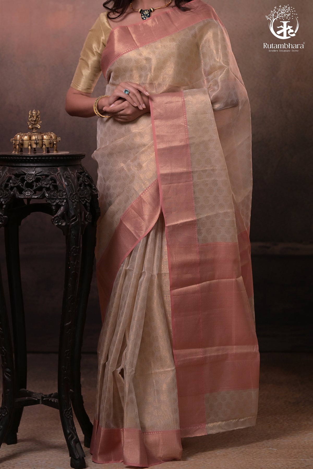 Swarvi -  Handwoven Chanderi Jamawar Saree in Beige with Buta