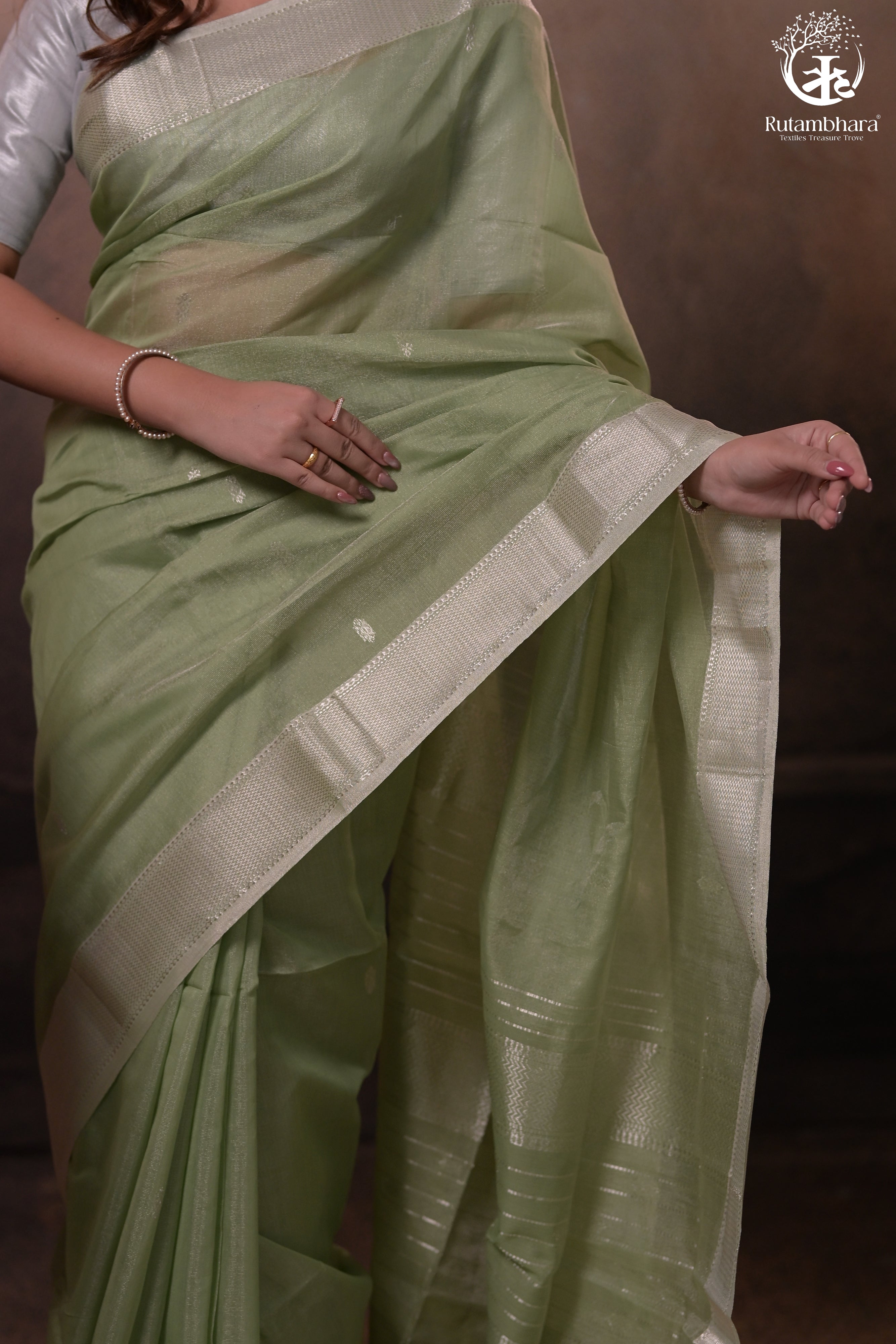 Narmaa - Pastel Green And Silver Tissue Silk Cotton Saree With Extra Weft Silver Zari Butta