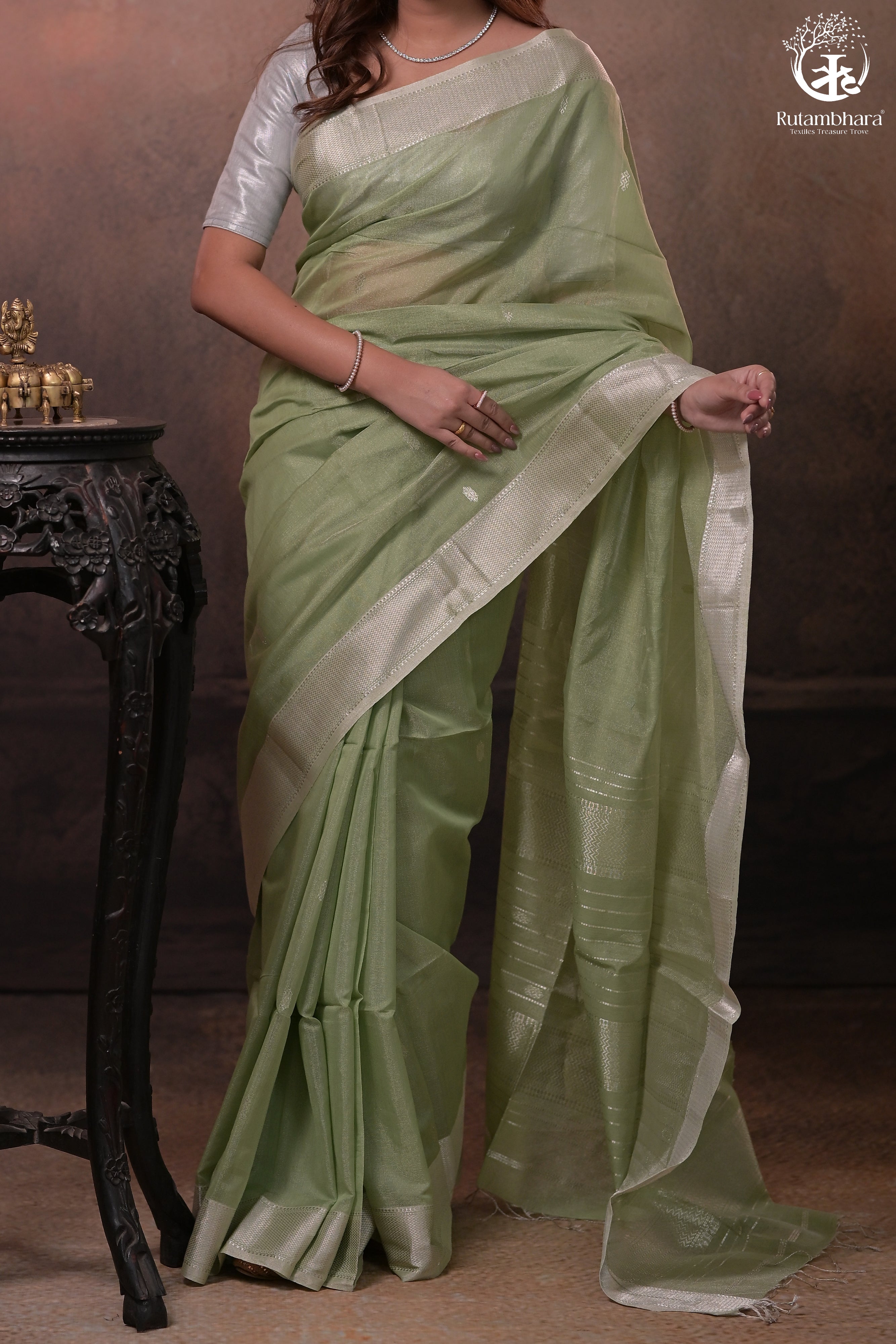 Narmaa - Pastel Green And Silver Tissue Silk Cotton Saree With Extra Weft Silver Zari Butta