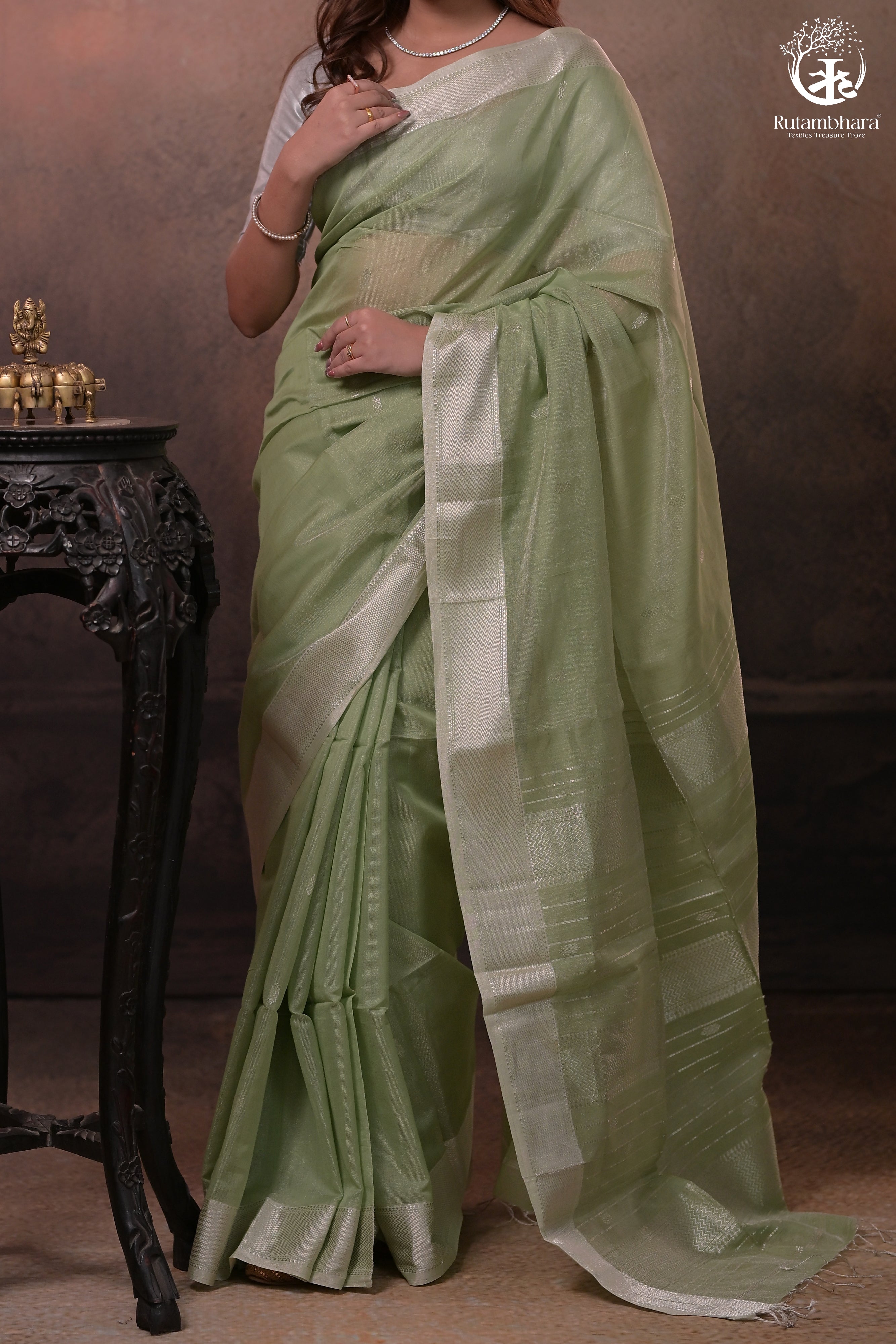 Narmaa - Pastel Green And Silver Tissue Silk Cotton Saree With Extra Weft Silver Zari Butta