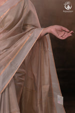 Swarvi - Pastel Beige Two Taar Chanderi Tissue Saree with Powder Blue Selvedge-RUTAMBHARA -RUTAMBHARA