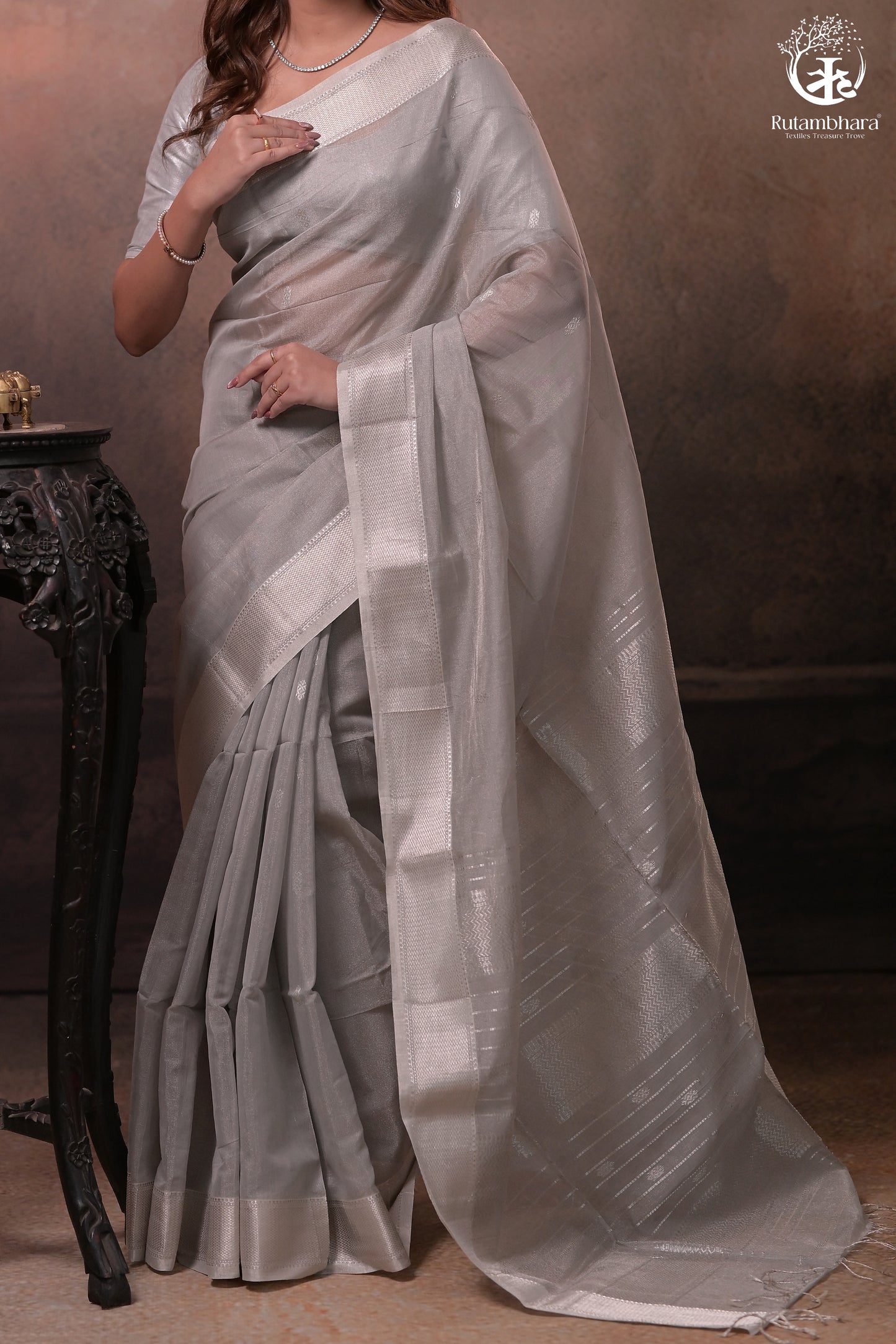 Narmaa - Pastel Grey And Silver Tissue Silk Cotton Saree With Extra Weft Silver Zari Butta