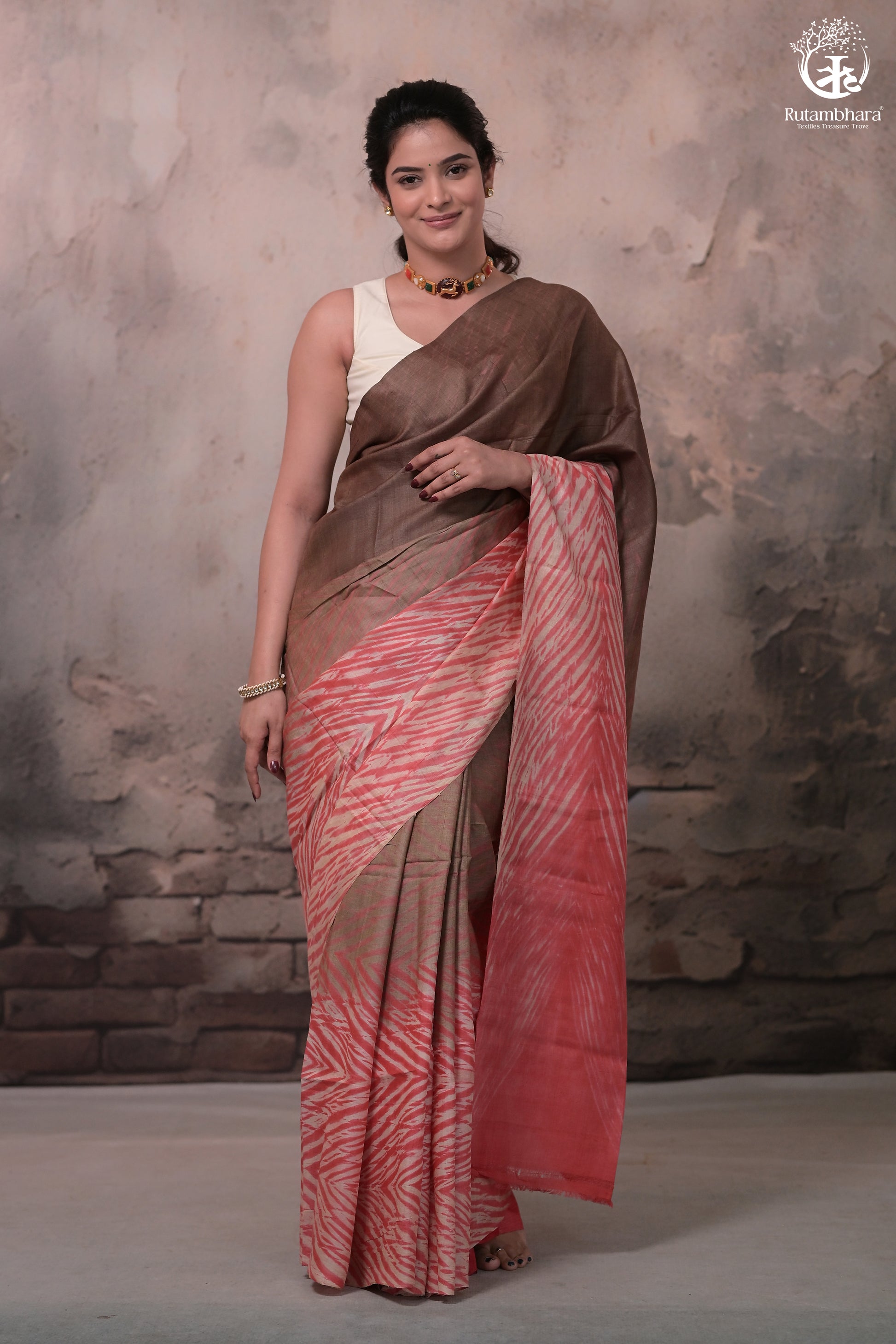 Dhanak - Brown Carrot Red Arashi Shibori Saree In Tussar Silk-Rutambhara-RUTAMBHARA