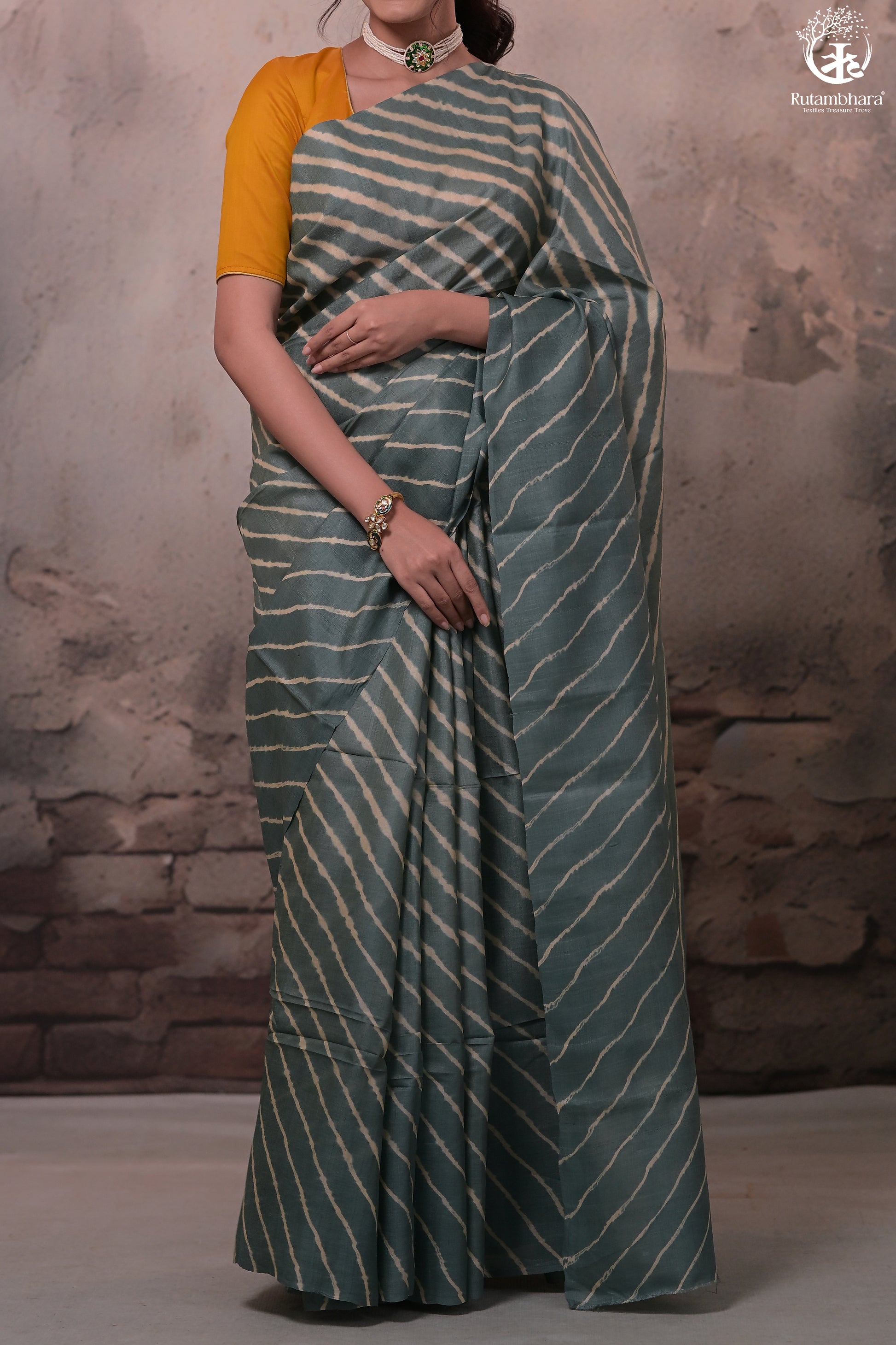 Dhanak - Grey Leheriya Saree In Tussar Silk-Rutambhara-RUTAMBHARA