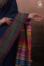 Dark Blue Kutchi Tussar Cotton Saree-Rutambhara-RUTAMBHARA
