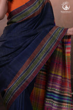 Dark Blue Kutchi Tussar Cotton Saree-Rutambhara-RUTAMBHARA