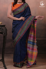 Dark Blue Kutchi Tussar Cotton Saree-Rutambhara-RUTAMBHARA