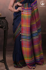 Dark Blue Kutchi Tussar Cotton Saree-Rutambhara-RUTAMBHARA