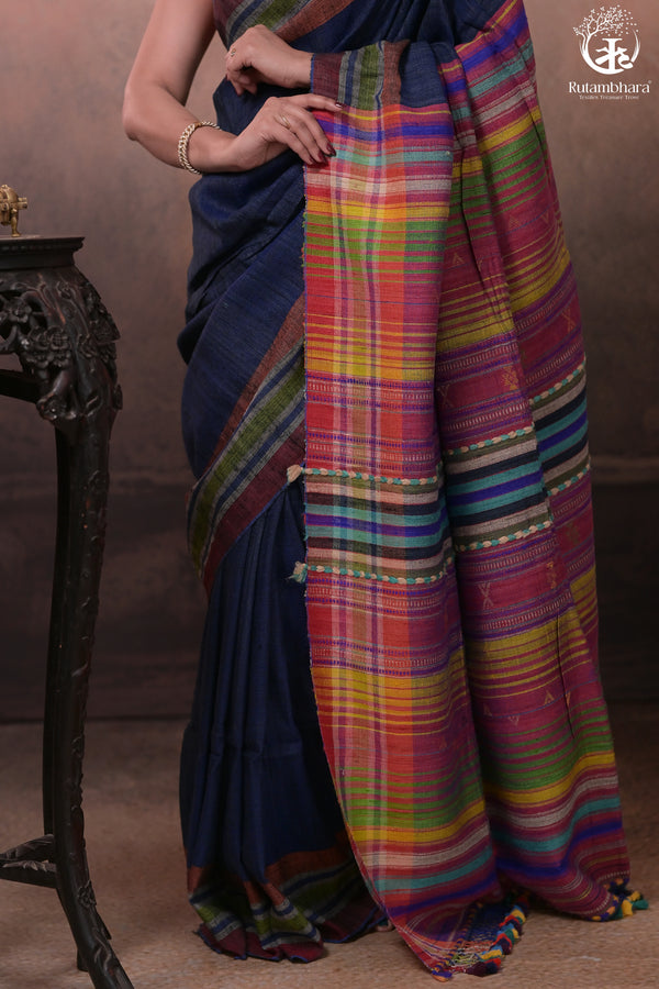 Dark Blue Kutchi Tussar Cotton Saree-Rutambhara-RUTAMBHARA