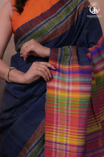 Dark Blue Kutchi Tussar Cotton Saree-Rutambhara-RUTAMBHARA
