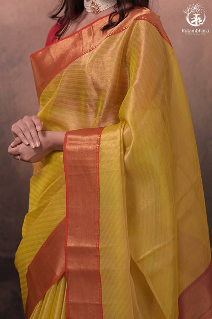 Swarvi - Elegant Lime Green Chanderi Jamawar Saree with Red Accents-RUTAMBHARA-RUTAMBHARA