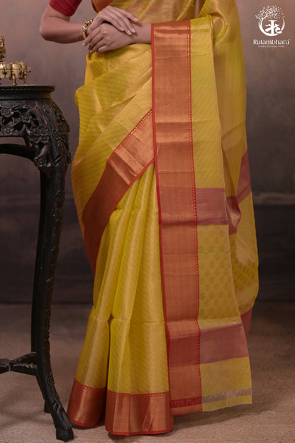 Swarvi - Elegant Lime Green Chanderi Jamawar Saree with Red Accents-RUTAMBHARA-RUTAMBHARA